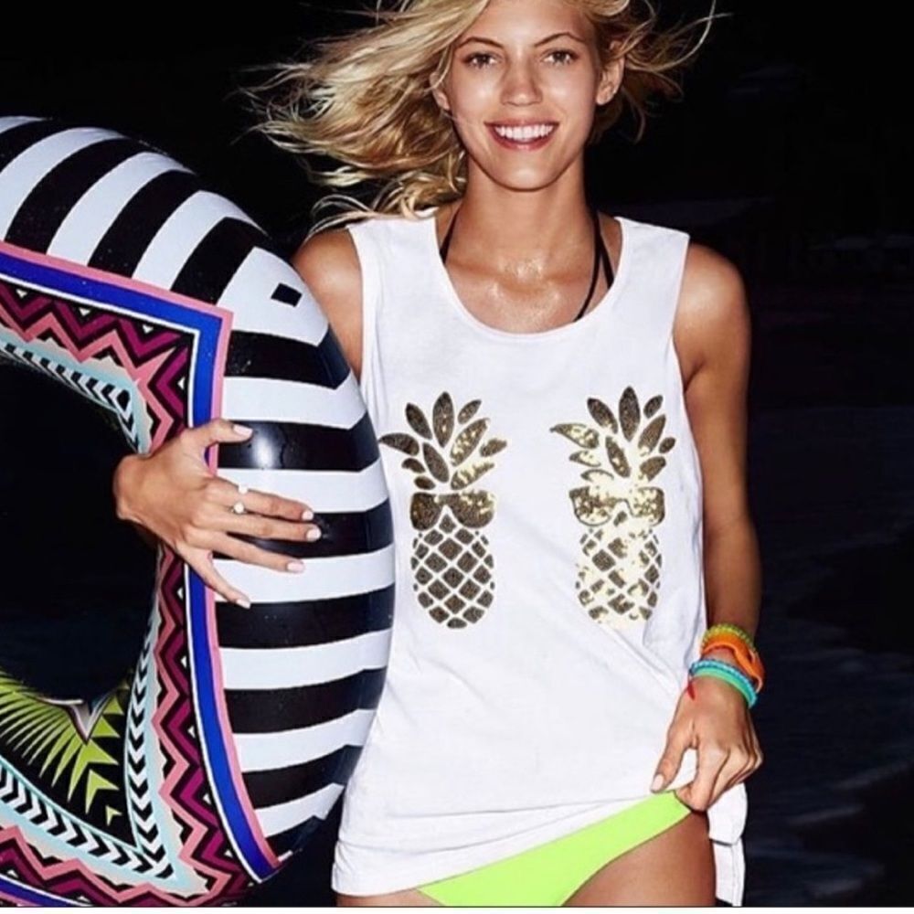 Pink Victoria's Secret Bling White Sequin Pineapple Tank Top